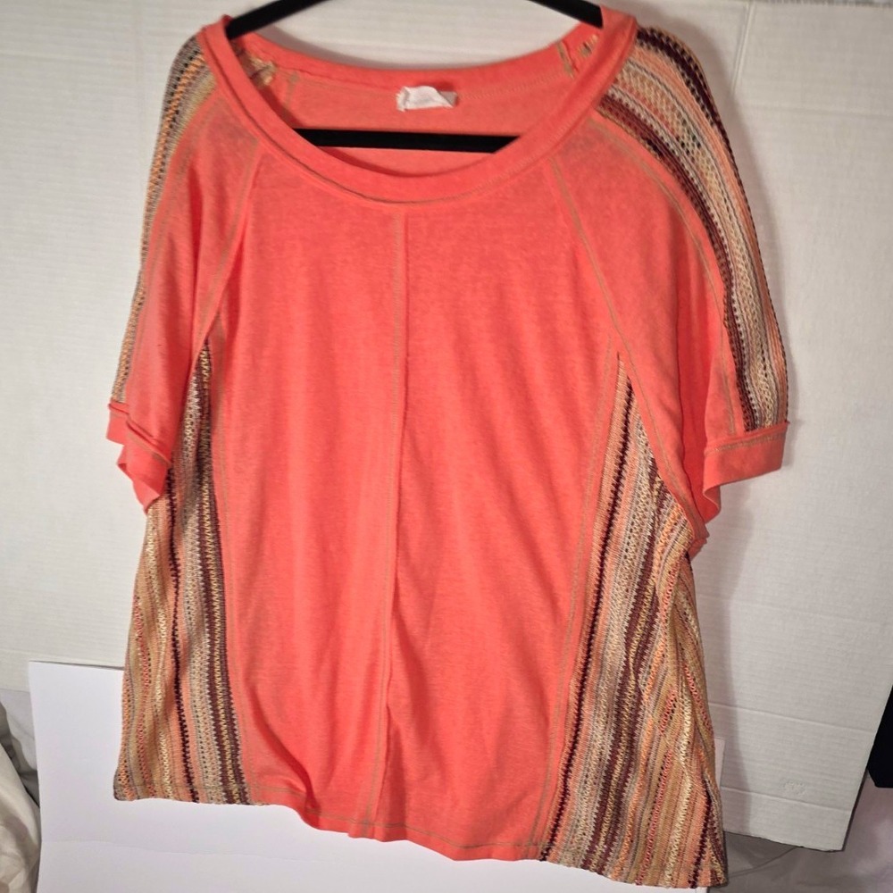 Andrée By Unit Orange Knit Crochet Striped Top Short Sleeve 1X T13305-1PLUS